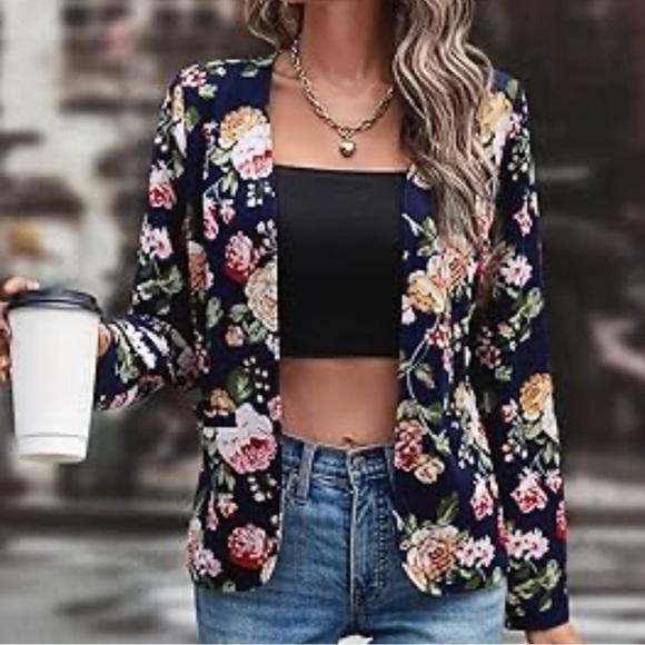 Doubl JU Draped Open Front Blazer Jacket NWT Size Large Black and Floral - Picture 7 of 8